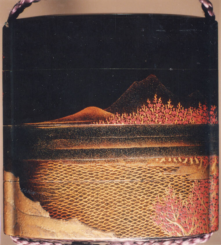 Case (Inrō) with Design of Pavilion on Rocks above Waves, with Flowering Plum Trees, Lacquer, roiro, gold and red hiramakie, gold and silber togidashi, nashiji; Interior: nashiji and fundame, Japan