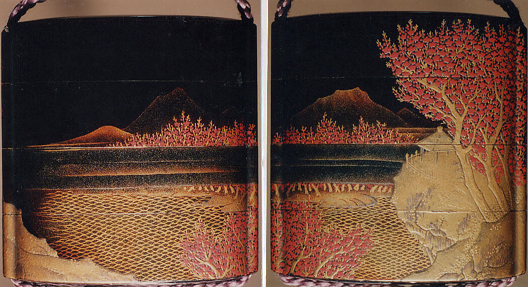 Case (Inrō) with Design of Pavilion on Rocks above Waves, with Flowering Plum Trees, Lacquer, roiro, gold and red hiramakie, gold and silber togidashi, nashiji; Interior: nashiji and fundame, Japan 