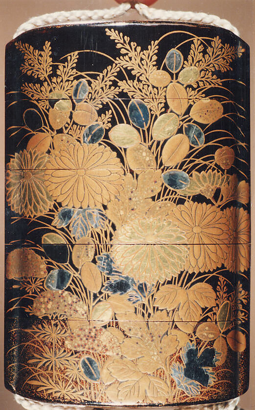 Case (Inrō) with Design of Flowering Hagi, Chrysanthemum and Autumn Grasses, Lacquer, roiro, gold hiramakie, takamakie, kirigane, gold foil, aogai; Interior: nashiji and fundame, Japan