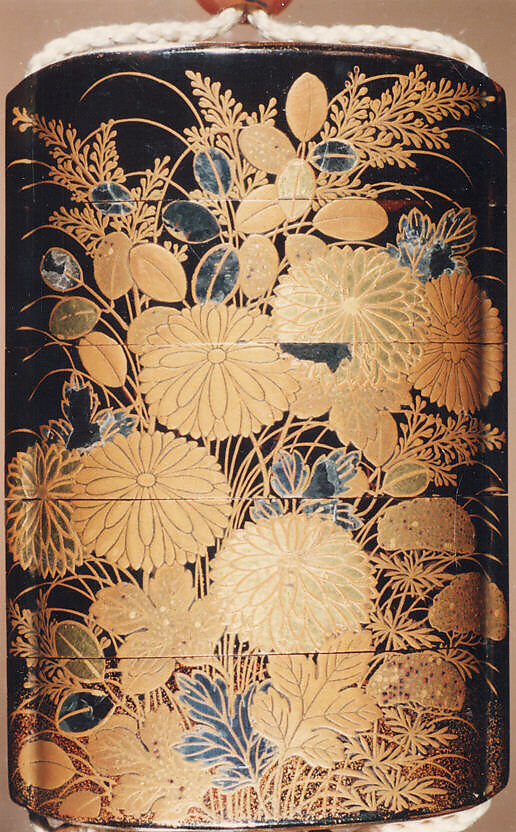Case (Inrō) with Design of Flowering Hagi, Chrysanthemum and Autumn Grasses, Lacquer, roiro, gold hiramakie, takamakie, kirigane, gold foil, aogai; Interior: nashiji and fundame, Japan
