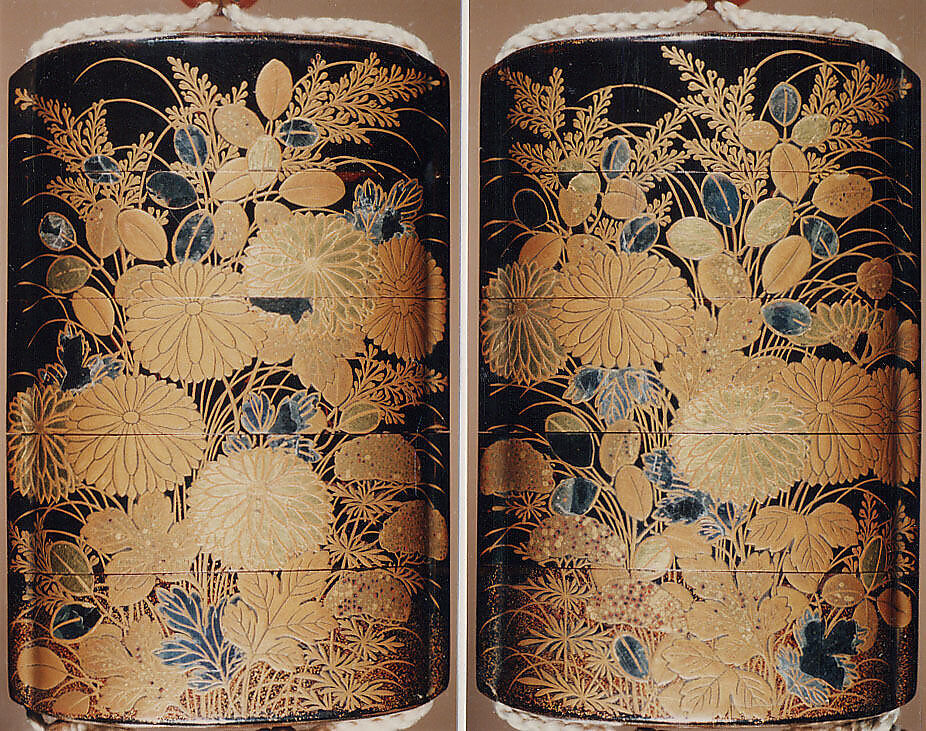 Case (Inrō) with Design of Flowering Hagi, Chrysanthemum and Autumn Grasses, Lacquer, roiro, gold hiramakie, takamakie, kirigane, gold foil, aogai; Interior: nashiji and fundame, Japan