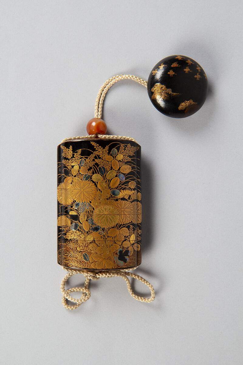 Case (Inrō) with Design of Flowering Hagi, Chrysanthemum and Autumn Grasses, Lacquer, roiro, gold hiramakie, takamakie, kirigane, gold foil, aogai; Interior: nashiji and fundame, Japan 