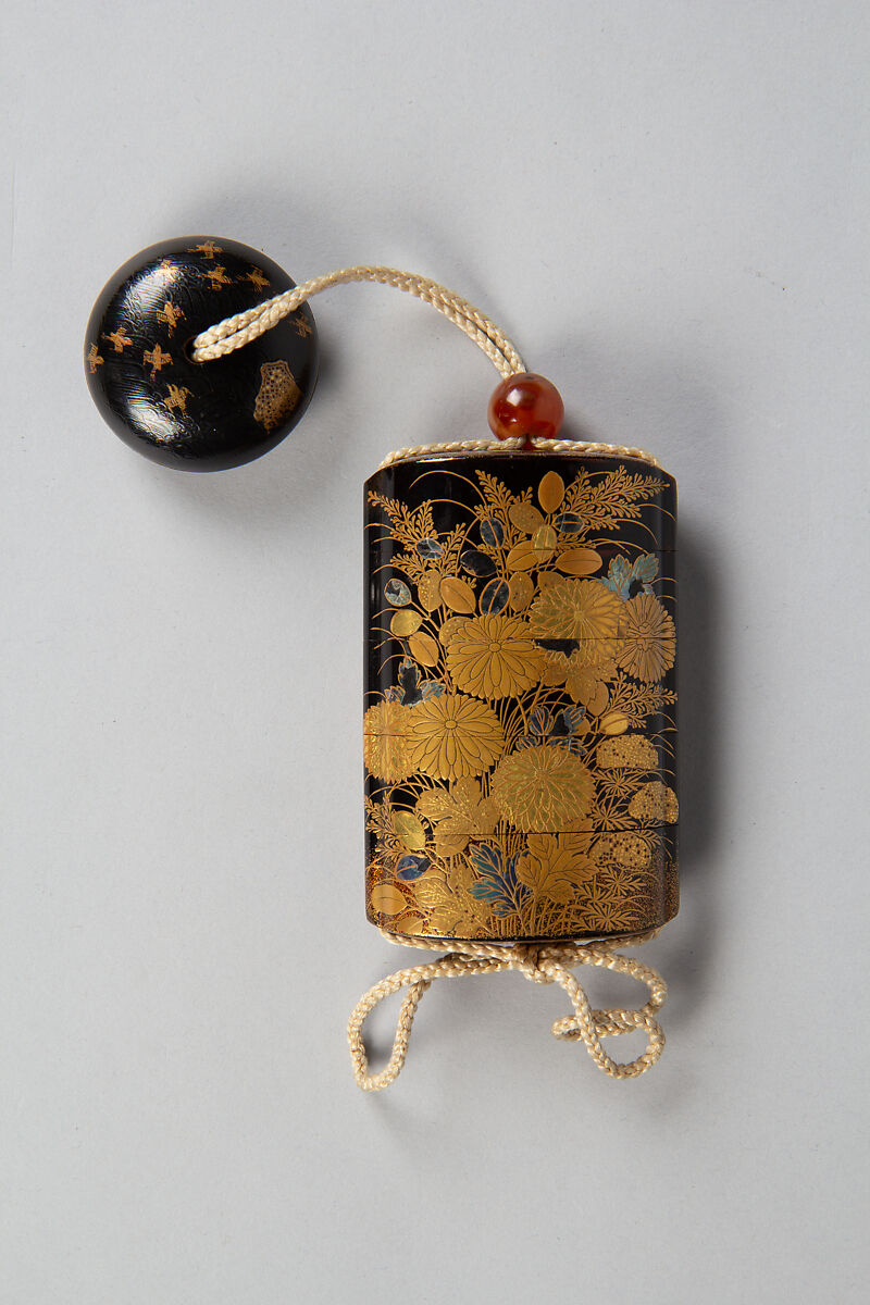 Case (Inrō) with Design of Flowering Hagi, Chrysanthemum and Autumn Grasses, Lacquer, roiro, gold hiramakie, takamakie, kirigane, gold foil, aogai; Interior: nashiji and fundame, Japan