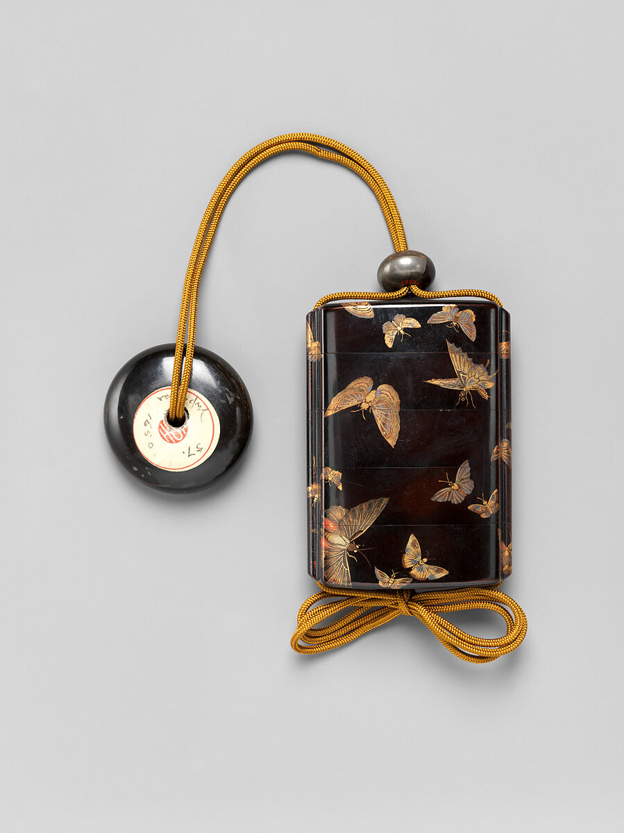 Case (Inrō) with Design of Butterflies, Lacquer, roiro, gold and coloured togidashi; Interior: fundame, Japan