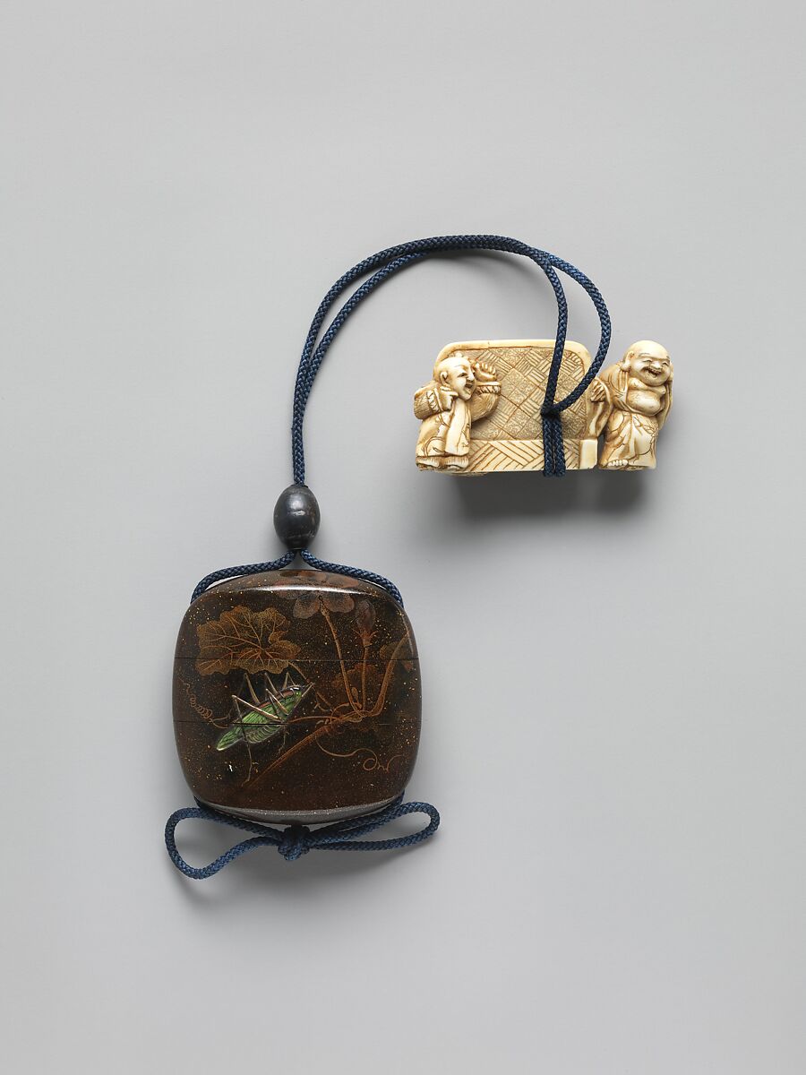Case (Inrō) with Design of Cricket and Muskmelon Plants, Case: powdered gold (maki-e) on brown and black lacquer with stained-ivory inlay; Fastener (ojime): metal; Toggle (netsuke): ivory carved in the shape of Hotei and children playing around a screen, Japan 