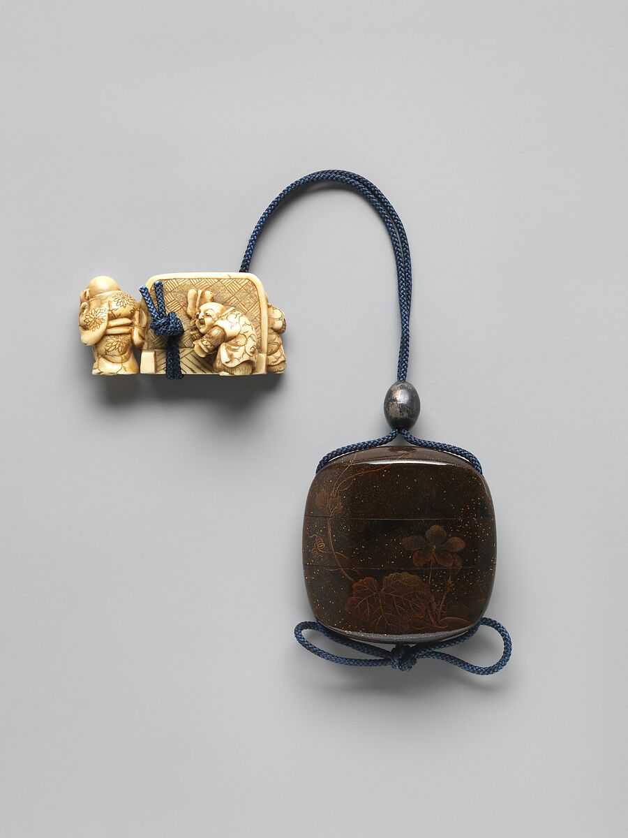Case (Inrō) with Design of Cricket and Muskmelon Plants, Case: powdered gold (maki-e) on brown and black lacquer with stained-ivory inlay; Fastener (ojime): metal; Toggle (netsuke): ivory carved in the shape of Hotei and children playing around a screen, Japan