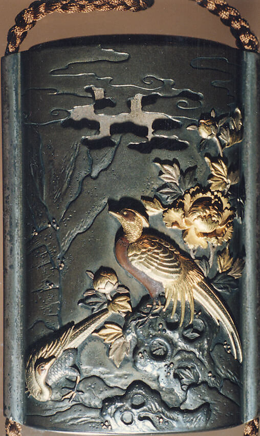 Case (Inrō) with Design of Two Cranes beneath a Flowering Cherry (obverse); Pheasant beside a Peony (reverse), Metal, silver and shibuichi metal, gold, sentoku, applied metals; Interior: silver metal, Japan
