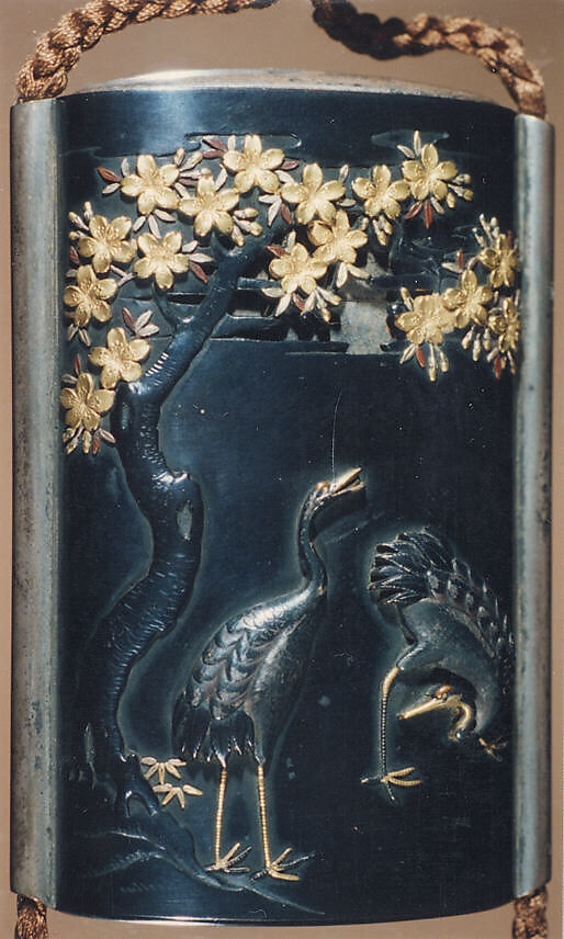 Case (Inrō) with Design of Two Cranes beneath a Flowering Cherry (obverse); Pheasant beside a Peony (reverse), Metal, silver and shibuichi metal, gold, sentoku, applied metals; Interior: silver metal, Japan