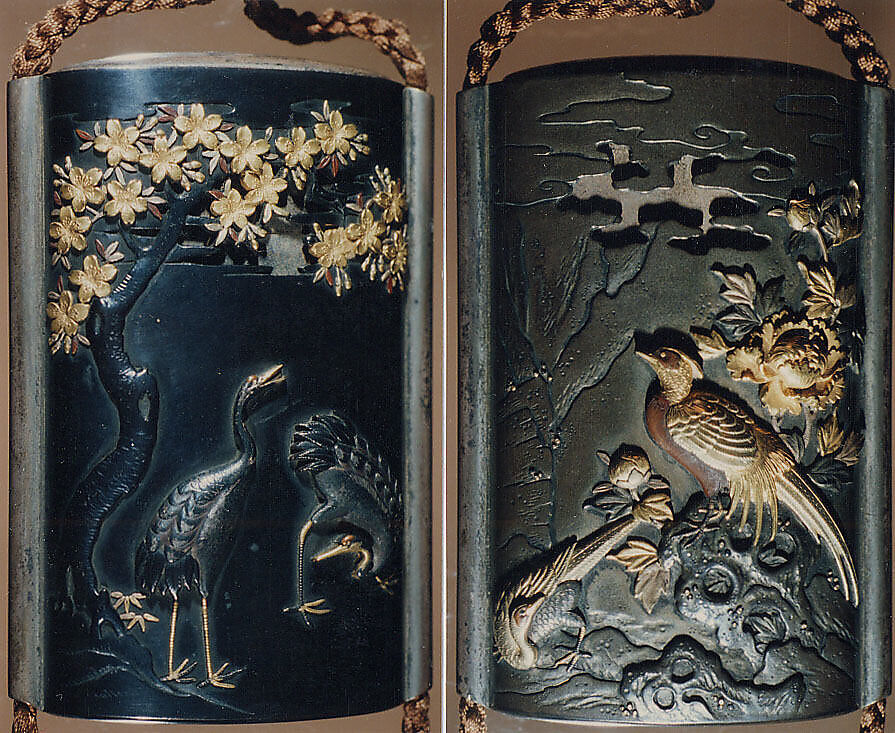 Case (Inrō) with Design of Two Cranes beneath a Flowering Cherry (obverse); Pheasant beside a Peony (reverse), Metal, silver and shibuichi metal, gold, sentoku, applied metals; Interior: silver metal, Japan 