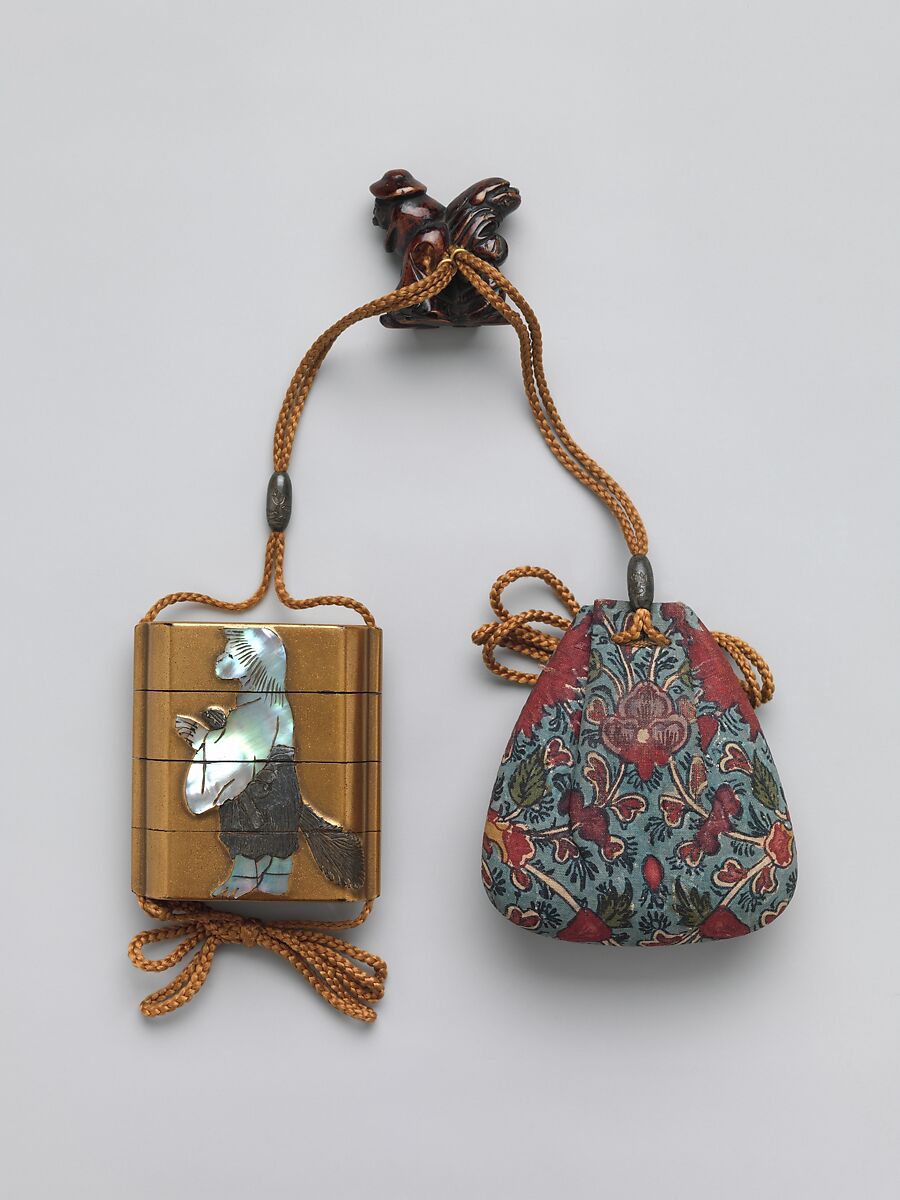 Inrō with Rinpa Style Kanzan and Jittoku, School of Ogata Kōrin (Japanese, 1658–1716), Three cases; lacquered wood with mother-of-pearl and pewter inlay on gold lacquer ground; Pouch: printed cotton with sarasa pattern; Ojime: metal bead, Japan