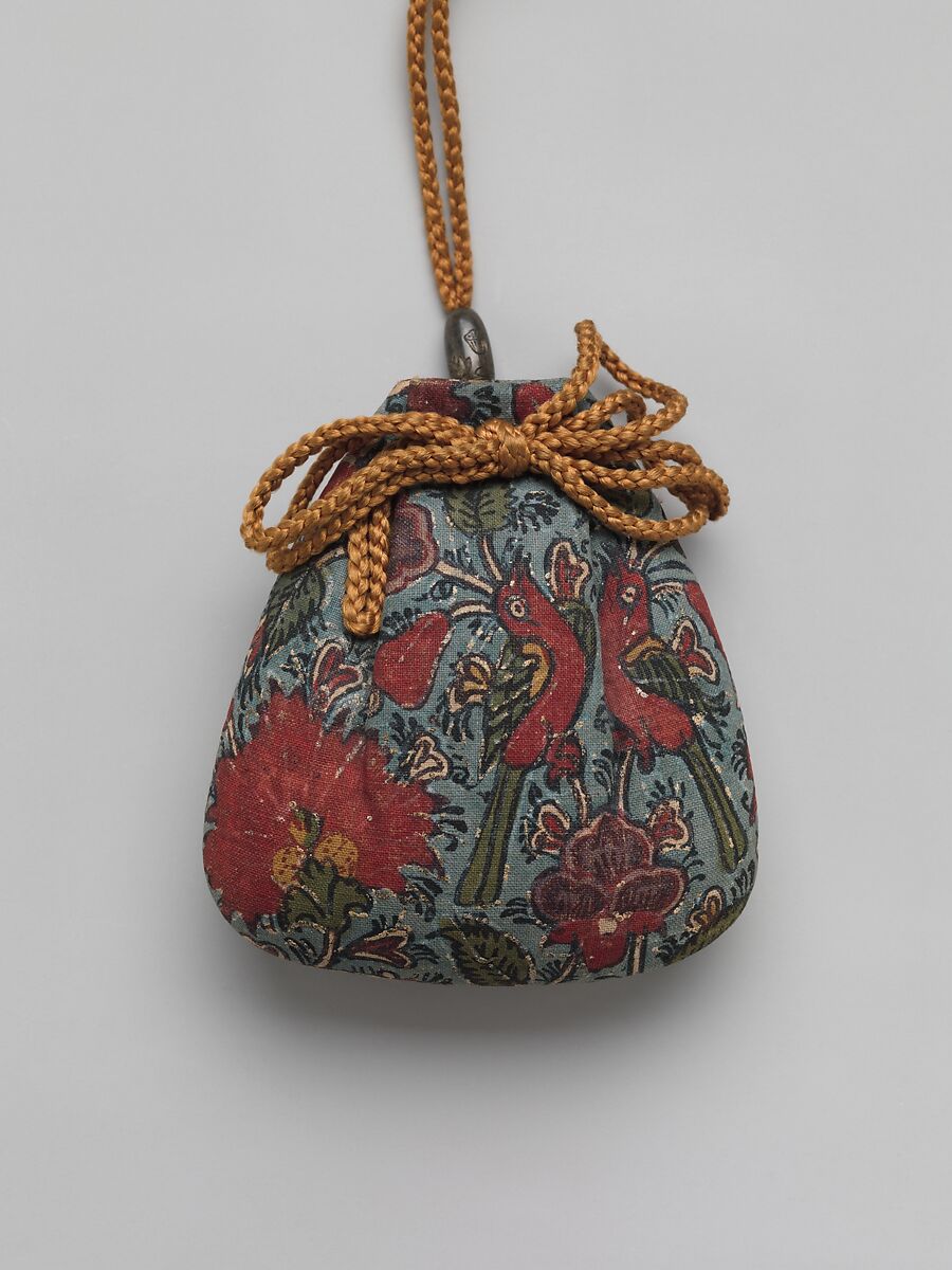 Inrō with Rinpa Style Kanzan and Jittoku, School of Ogata Kōrin (Japanese, 1658–1716), Three cases; lacquered wood with mother-of-pearl and pewter inlay on gold lacquer ground; Pouch: printed cotton with sarasa pattern; Ojime: metal bead, Japan