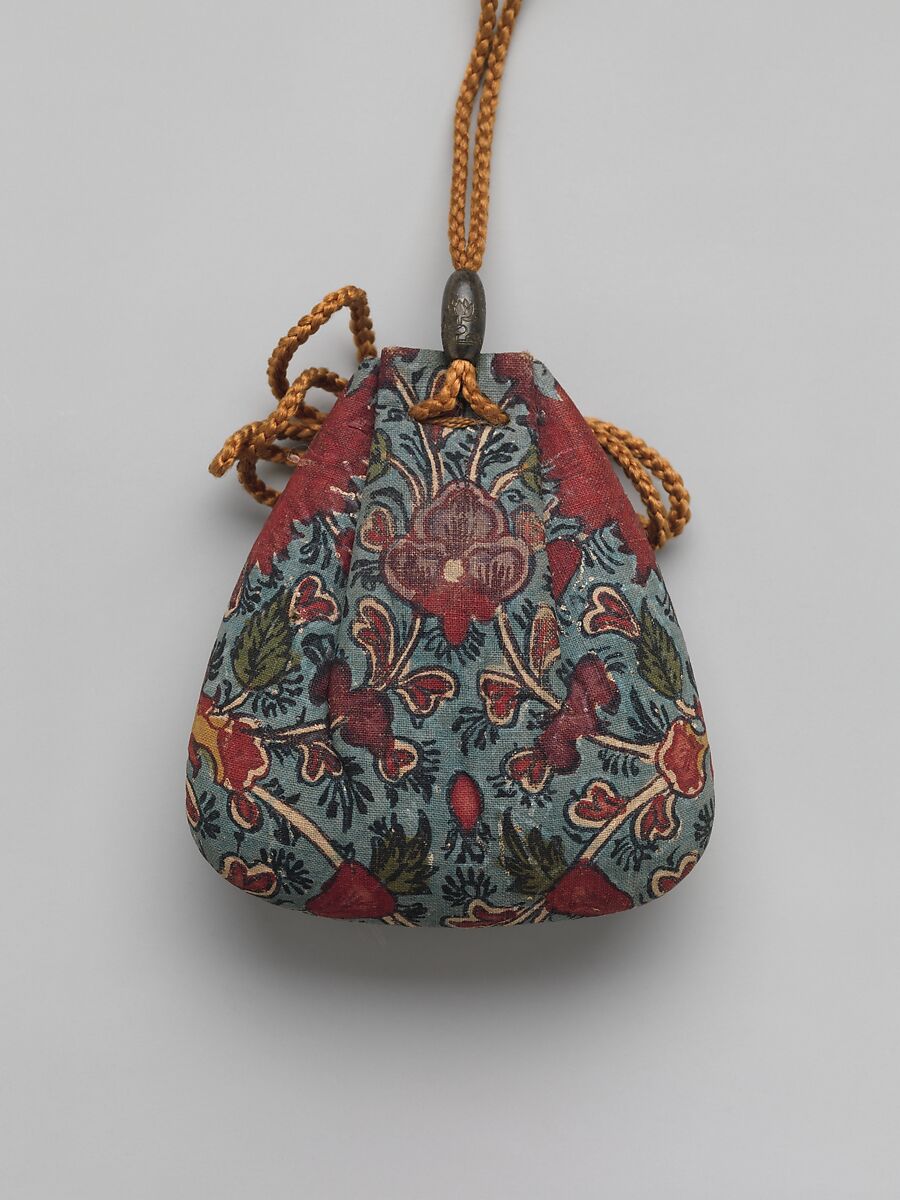 Inrō with Rinpa Style Kanzan and Jittoku, School of Ogata Kōrin (Japanese, 1658–1716), Three cases; lacquered wood with mother-of-pearl and pewter inlay on gold lacquer ground; Pouch: printed cotton with sarasa pattern; Ojime: metal bead, Japan