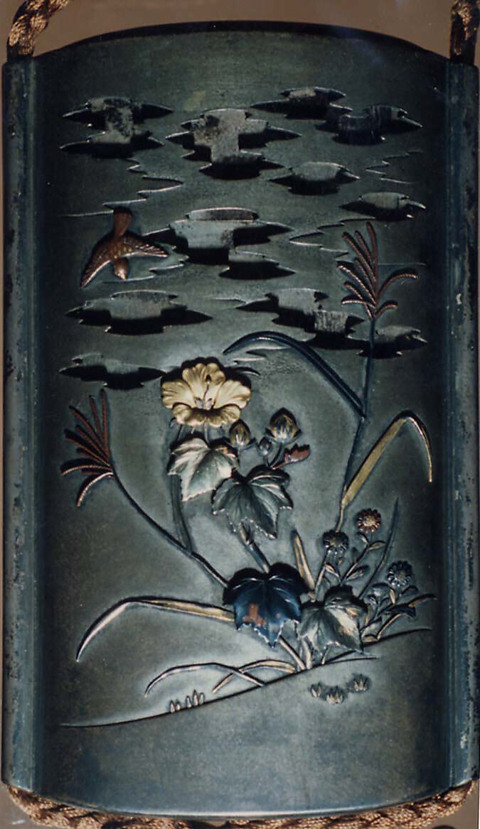 Case (Inrō) with Design of Hibiscus and Autumn Flowers beneath Clouds, Metal, shakudo, silver, gold metals, openwork, applied, relief; Interior: silver metal, Japan