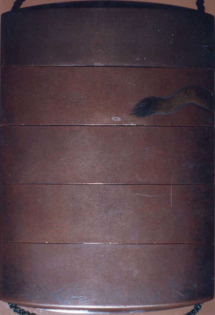 Case (Inrō) with Design of Tiger Seen from Behind, Lacquer, shibuichi coloured ground, gold, silver and red hiramakie, inlaid eye; Interior: red lacquer & silver fundame, Japan