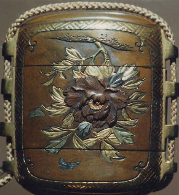Case (Inrō) with Design of Flowering Lotus (obverse); Flowering Peony and Lotus (reverse), Metal, shibuichi, various applied metals, shakudo and gold; Interior: brown metal, Japan
