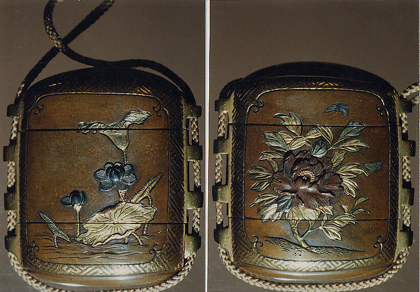 Case (Inrō) with Design of Flowering Lotus (obverse); Flowering Peony and Lotus (reverse), Metal, shibuichi, various applied metals, shakudo and gold; Interior: brown metal, Japan 