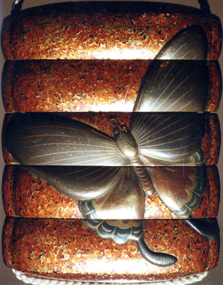 Case (Inrō) with Design of Butterflies, Lacquer, gyobu, gold and silver hiramakie, takamakie, raden; Interior: gyobu nashiji and fundame, Japan