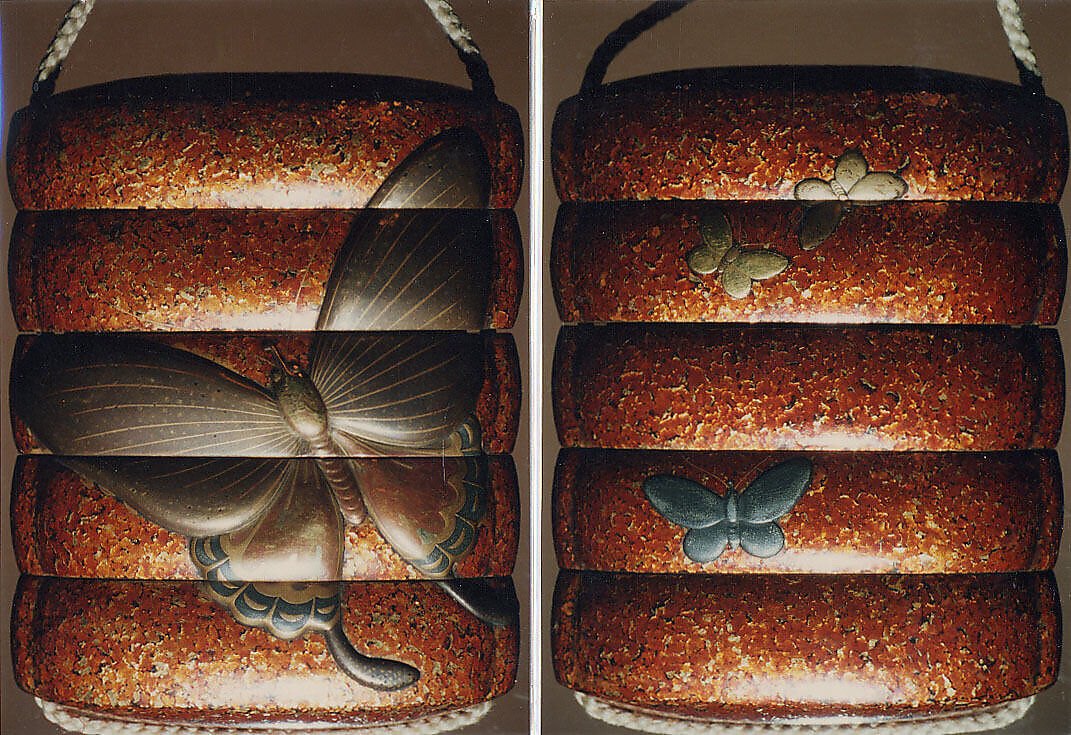 Case (Inrō) with Design of Butterflies, Lacquer, gyobu, gold and silver hiramakie, takamakie, raden; Interior: gyobu nashiji and fundame, Japan 