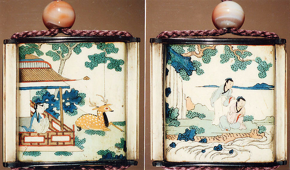 Case (Inrō) with Design of Woman in Building Looking at a Stag (obverse); Two Men By a River with Rocks and Waterfall (reverse), Ivory, blue, green, yellow and red enamels, ebony lid and bottom; Interior: red lacquer, Japan