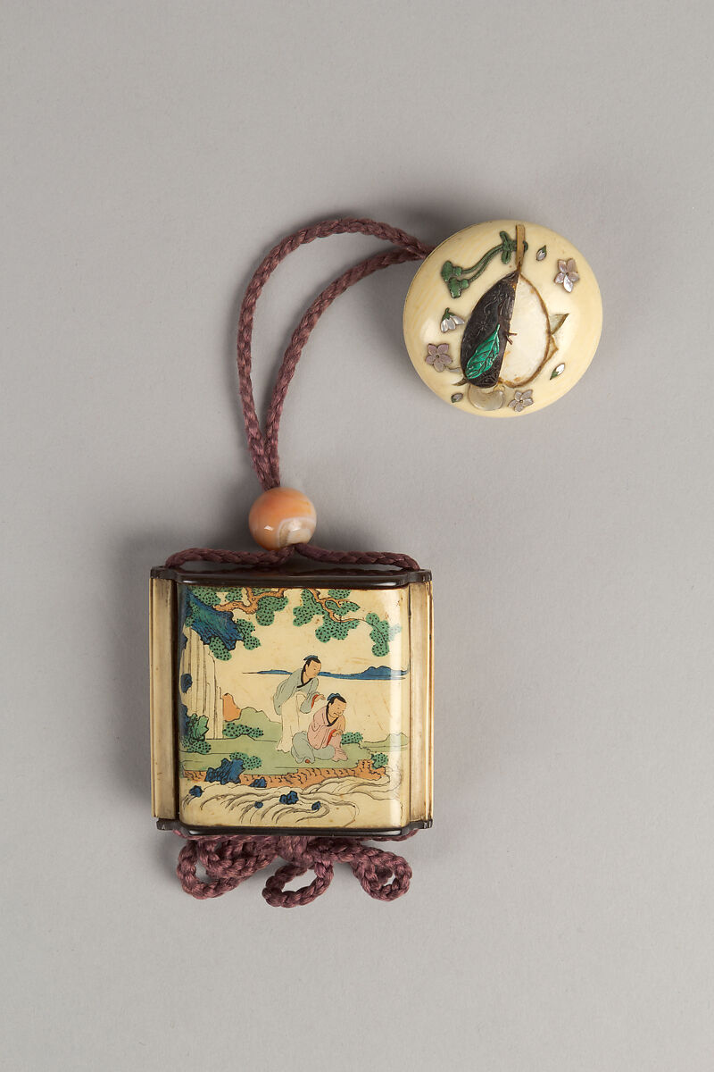 Case (Inrō) with Design of Woman in Building Looking at a Stag (obverse); Two Men By a River with Rocks and Waterfall (reverse), Ivory, blue, green, yellow and red enamels, ebony lid and bottom; Interior: red lacquer, Japan 
