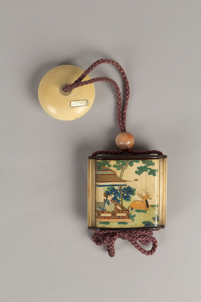 Case (Inrō) with Design of Woman in Building Looking at a Stag (obverse); Two Men By a River with Rocks and Waterfall (reverse), Ivory, blue, green, yellow and red enamels, ebony lid and bottom; Interior: red lacquer, Japan