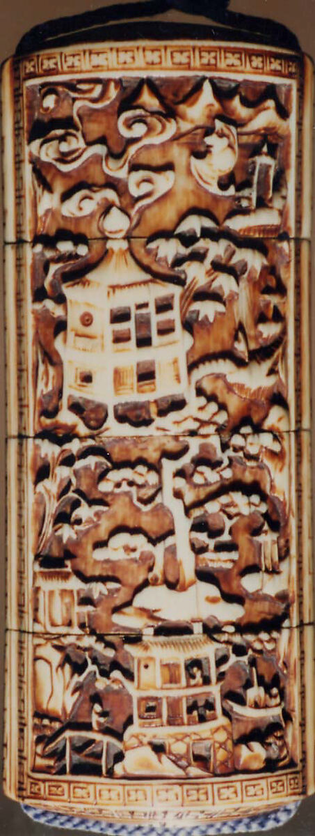 Case (Inrō) with Design of Chinese-Style Landscape with Floral Band and Stylized Character, Ivory, carved relief, stained; Interior: fundame, Japan