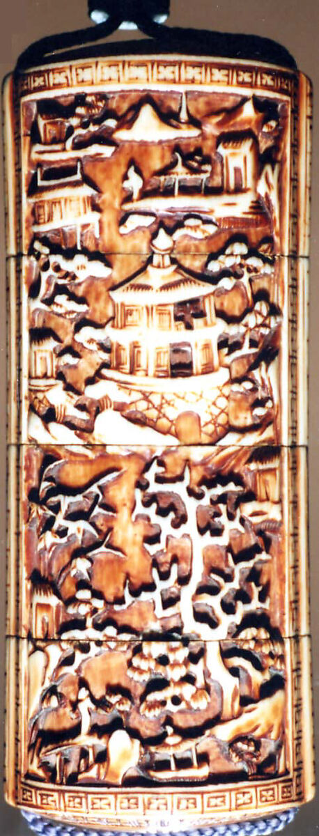 Case (Inrō) with Design of Chinese-Style Landscape with Floral Band and Stylized Character, Ivory, carved relief, stained; Interior: fundame, Japan