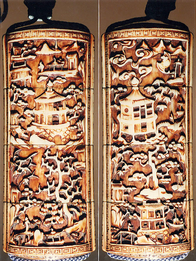 Case (Inrō) with Design of Chinese-Style Landscape with Floral Band and Stylized Character, Ivory, carved relief, stained; Interior: fundame, Japan 