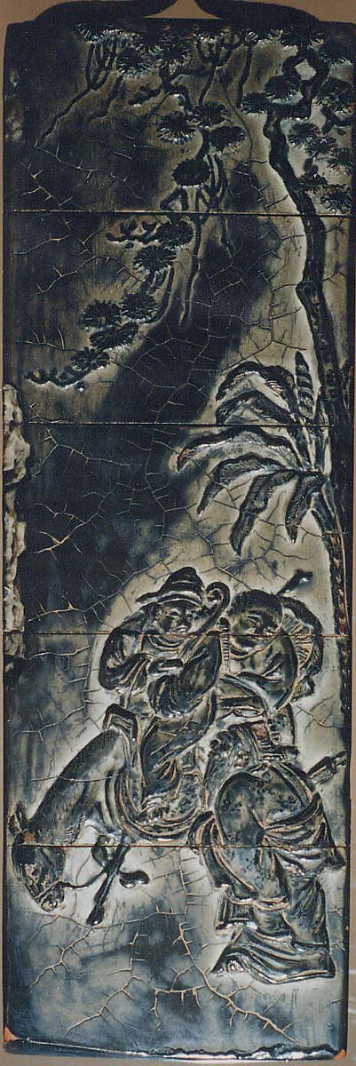 Inrō Imitating an Old Chinese Ink Cake, Kanō Jukkyoku (Japanese), Four cases; lacquered wood with black and brown takamaki-e, togidashimaki-eNetsuke: carved red lacquer with chrysanthemum designOjime: carved nut, Japan