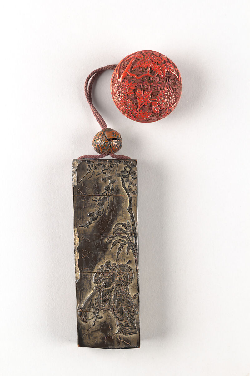 Inrō Imitating an Old Chinese Ink Cake, Kanō Jukkyoku (Japanese), Four cases; lacquered wood with black and brown takamaki-e, togidashimaki-eNetsuke: carved red lacquer with chrysanthemum designOjime: carved nut, Japan 