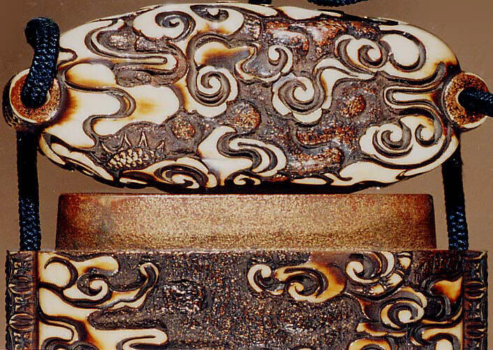 Case (Inrō) with Design of Dragon among Clouds and Waves with Birds in Flight, Ivory, carved relief, incised, stained, aogai inlay; Interior: nashiji, Japan