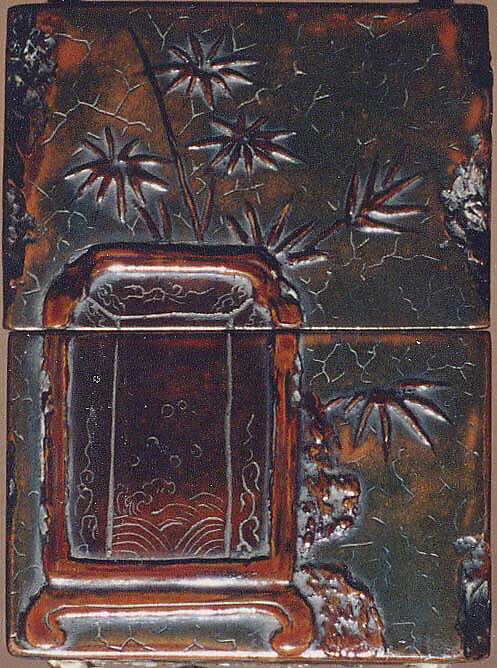 Case (Inrō) with Design of Screen (Tsuitate) with Wave Decoration and Inscriptions, Lacquer, brown lacquer, brown hiramakie, takamakie; Interior: roiro and fundame, Japan