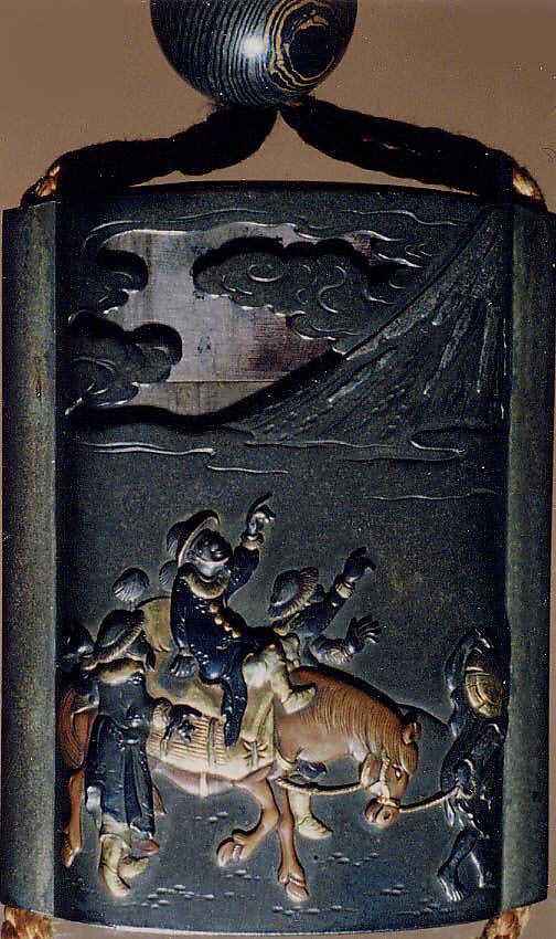 Case (Inrō) with Design of Foreigners on Horseback Looking at Mount Fuji, Metal, silver metal, applied, gold, shibuichi, sentoku, various metals; Interior: silver metal, Japan