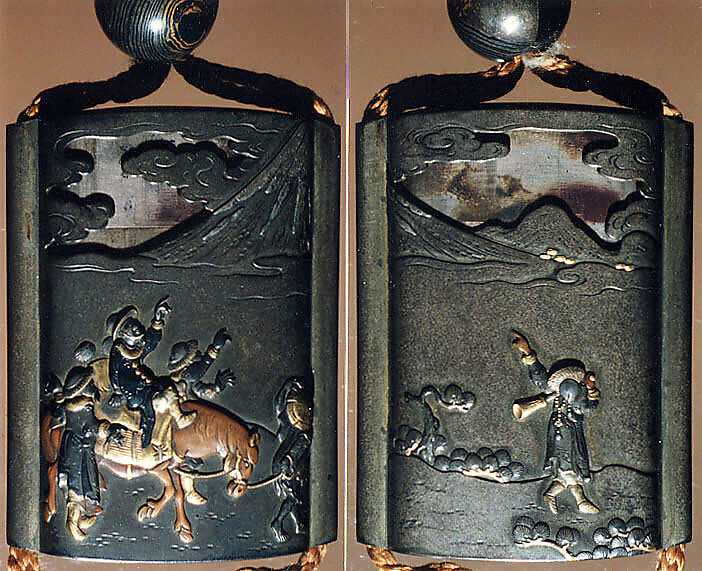 Case (Inrō) with Design of Foreigners on Horseback Looking at Mount Fuji, Metal, silver metal, applied, gold, shibuichi, sentoku, various metals; Interior: silver metal, Japan 