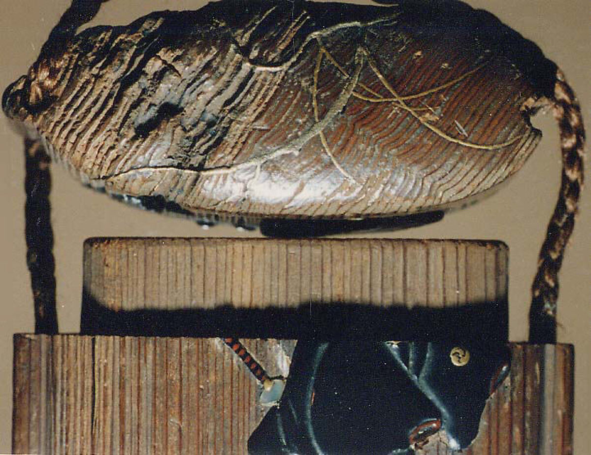 Case (Inrō) with Design of Samurai with Large Hat Beside a Weeping Willow, Wood, natural brushed wood, black and gold hiramakie, ceramic inlay; Interior: plain, Japan