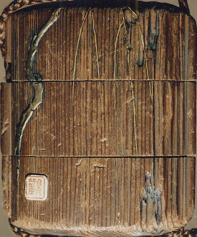 Case (Inrō) with Design of Samurai with Large Hat Beside a Weeping Willow, Wood, natural brushed wood, black and gold hiramakie, ceramic inlay; Interior: plain, Japan