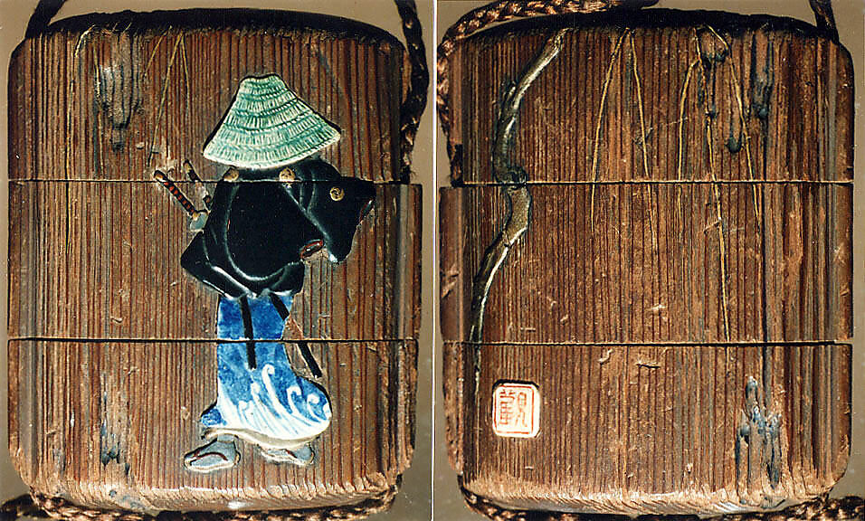 Case (Inrō) with Design of Samurai with Large Hat Beside a Weeping Willow, Wood, natural brushed wood, black and gold hiramakie, ceramic inlay; Interior: plain, Japan 