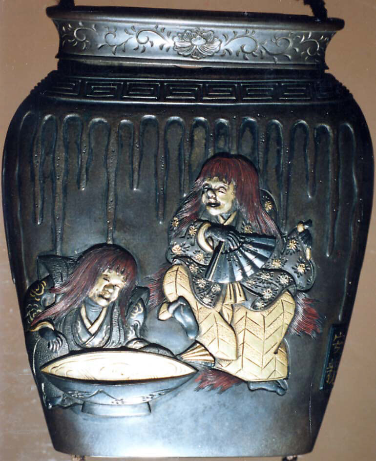 Case (Inrō) with Design of Five Dancers Drinking from Large Sake Jar, Metal, silver metal, applied gold, sentoku, shibuichi, various metals; Interior: silver metal, Japan
