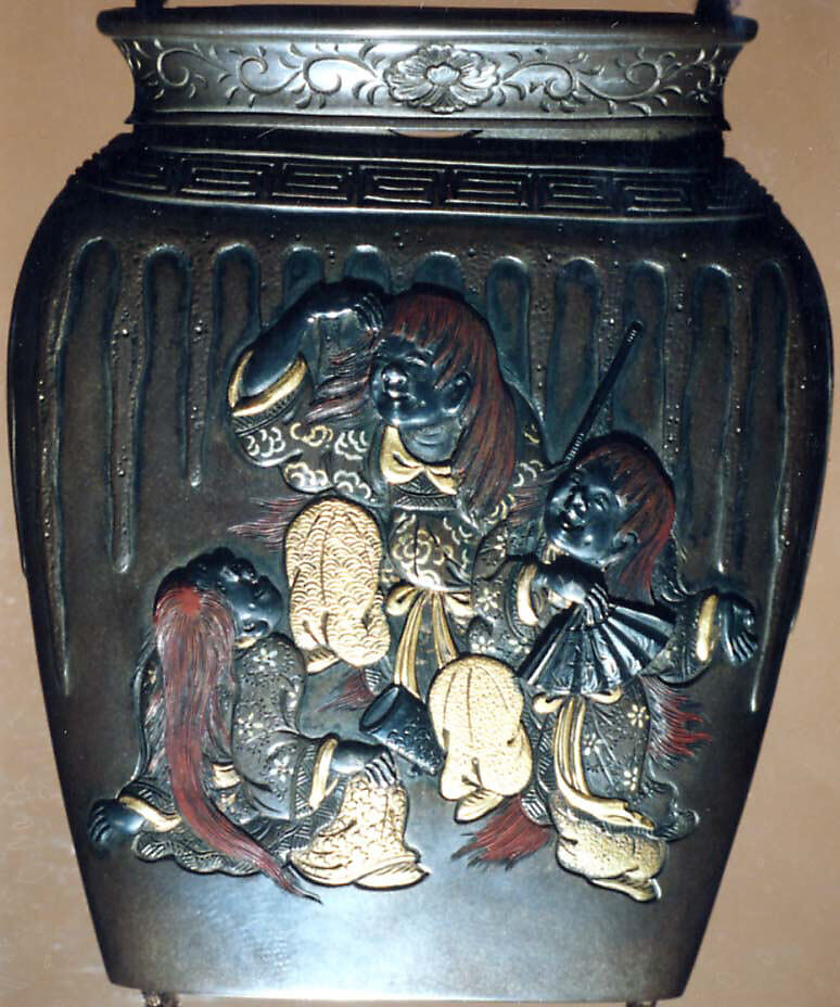 Case (Inrō) with Design of Five Dancers Drinking from Large Sake Jar, Metal, silver metal, applied gold, sentoku, shibuichi, various metals; Interior: silver metal, Japan