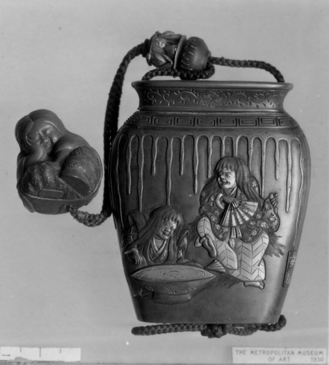 Case (Inrō) with Design of Five Dancers Drinking from Large Sake Jar, Metal, silver metal, applied gold, sentoku, shibuichi, various metals; Interior: silver metal, Japan