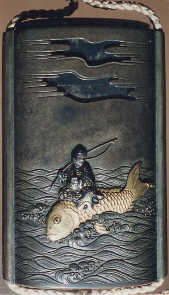 Case (Inrō) with Design of Urashima Tarō Riding a Fish among Waves (obverse); Dragon King and His Daughter on Shore (reverse), Metal, silver metal, incised, openwork, relief, applied metals; Interior: silver metal, Japan