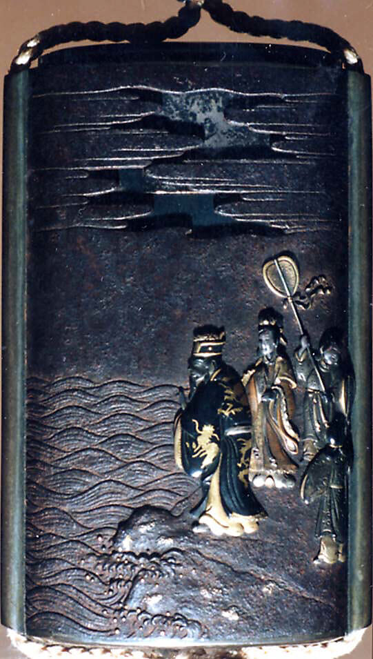 Case (Inrō) with Design of Urashima Tarō Riding a Fish among Waves (obverse); Dragon King and His Daughter on Shore (reverse), Metal, silver metal, incised, openwork, relief, applied metals; Interior: silver metal, Japan