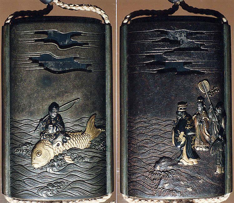 Case (Inrō) with Design of Urashima Tarō Riding a Fish among Waves (obverse); Dragon King and His Daughter on Shore (reverse), Metal, silver metal, incised, openwork, relief, applied metals; Interior: silver metal, Japan 