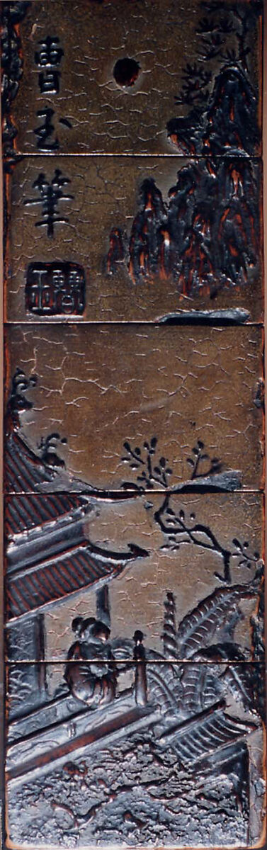 Inrō Imitating an Old Chinese Ink Cake, Four cases; lacquered wood with black and brown takamaki-e, togidashimaki-e on black groundNetsuke: carved wood; lotus leaf and snailOjime: cylindrical bead of various metals, Japan