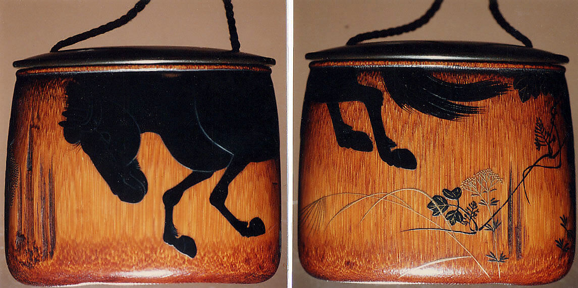 Case (Inrō) with Design of Horse and Autumn Grasses, Shibata Zeshin (Japanese, 1807–1891), Bamboo, black, silver and gold hiramakie, takamakie, wood lid; Interior: plain, Japan 