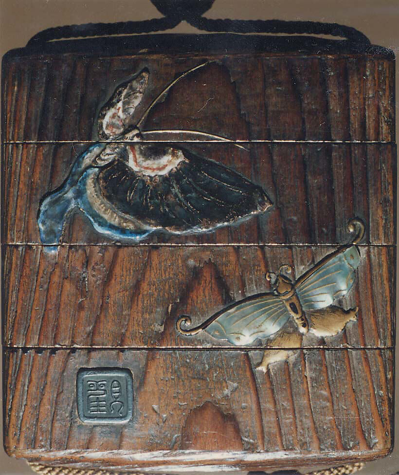 Case (Inrō) with Design of Butterflies in Flight, Wood, brushed wood, gold takamakie, raden, lacquer, pottery inlay; Interior: nashiji and fundame, Japan