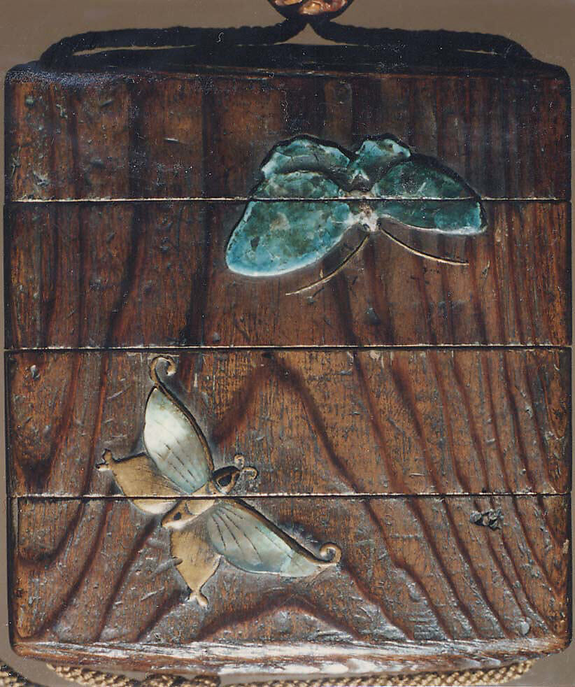 Case (Inrō) with Design of Butterflies in Flight, Wood, brushed wood, gold takamakie, raden, lacquer, pottery inlay; Interior: nashiji and fundame, Japan