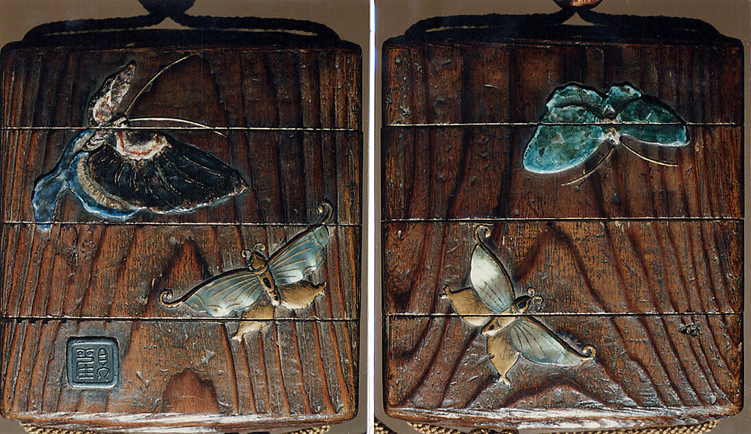 Case (Inrō) with Design of Butterflies in Flight, Wood, brushed wood, gold takamakie, raden, lacquer, pottery inlay; Interior: nashiji and fundame, Japan 