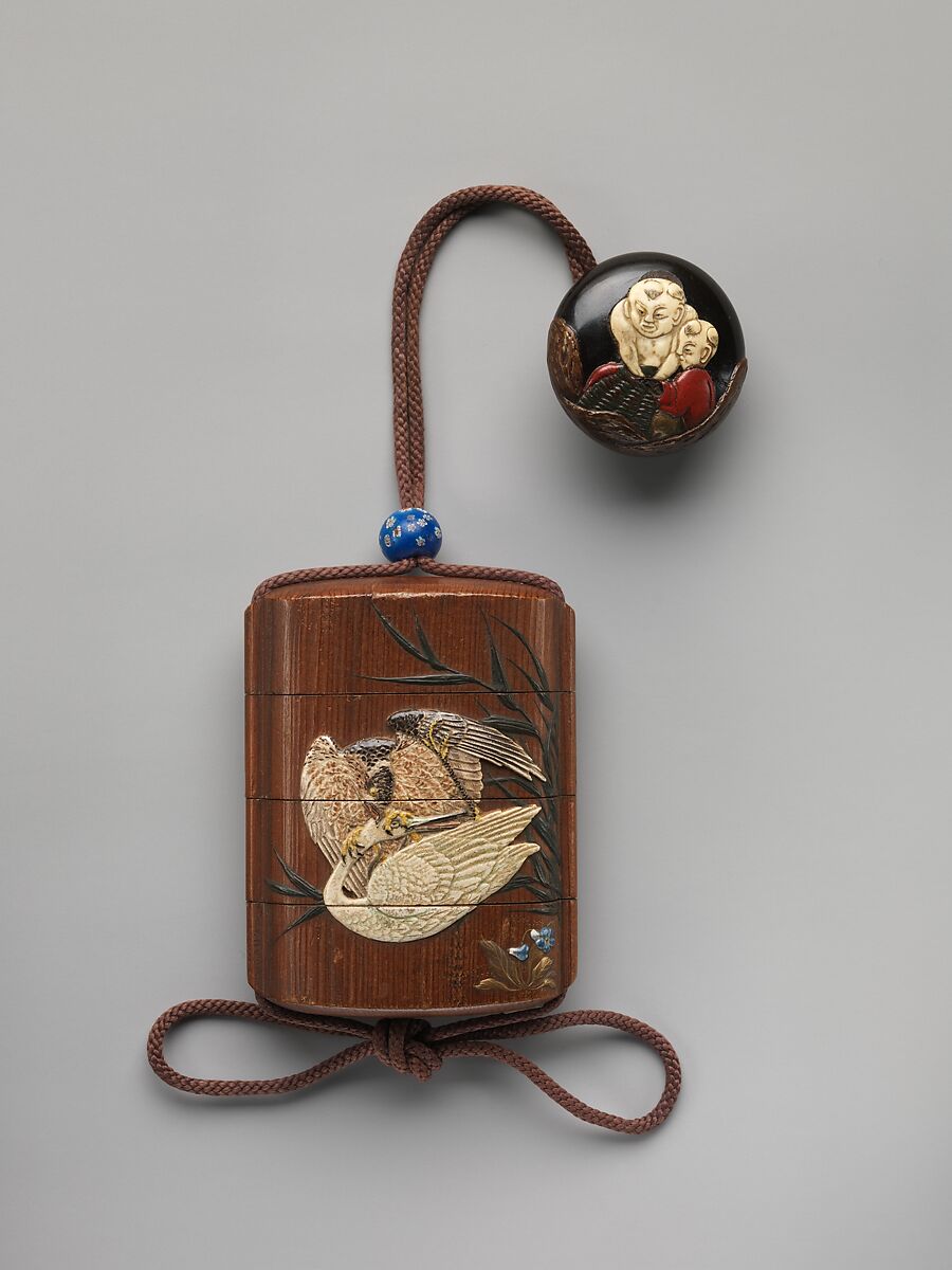 Case (Inrō) with Design of Heron in Flight and Flowering Plant (obverse); Hawk Attacking a Crane (reverse), In the Style of Ogawa Haritsu (Ritsuō) (Japanese, 1663–1747), Colored togidashi and gold hiramaki-e on black lacquer, Japan 