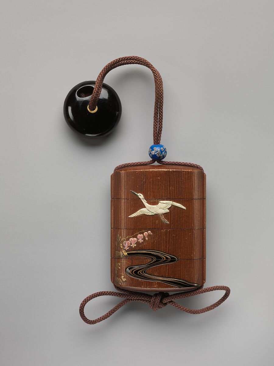 Case (Inrō) with Design of Heron in Flight and Flowering Plant (obverse); Hawk Attacking a Crane (reverse), In the Style of Ogawa Haritsu (Ritsuō) (Japanese, 1663–1747), Colored togidashi and gold hiramaki-e on black lacquer, Japan